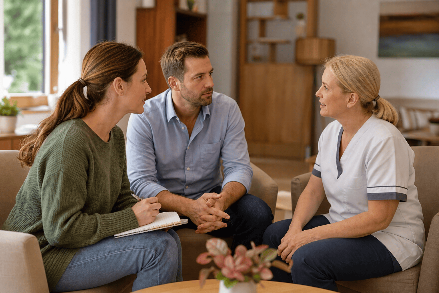 Angehörige bespricht Fragen zur palliativen Versorgung mit einer Pflegefachperson.