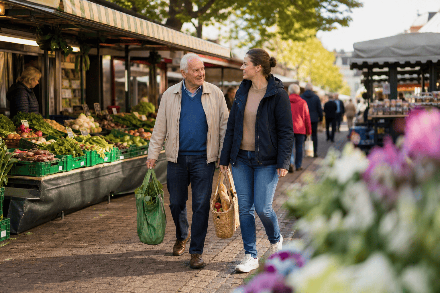 Älterer Mann erhält Begleitung beim Einkauf auf einem Wochenmarkt.