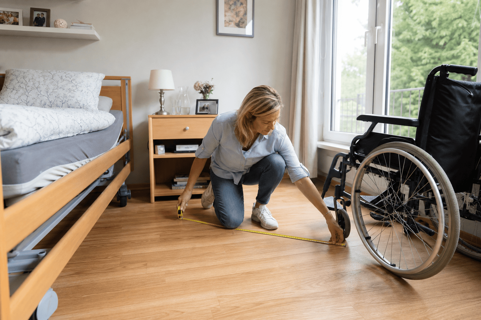 Angehörige misst den Platz für einen Patientenlifter neben Bett und Rollstuhl.