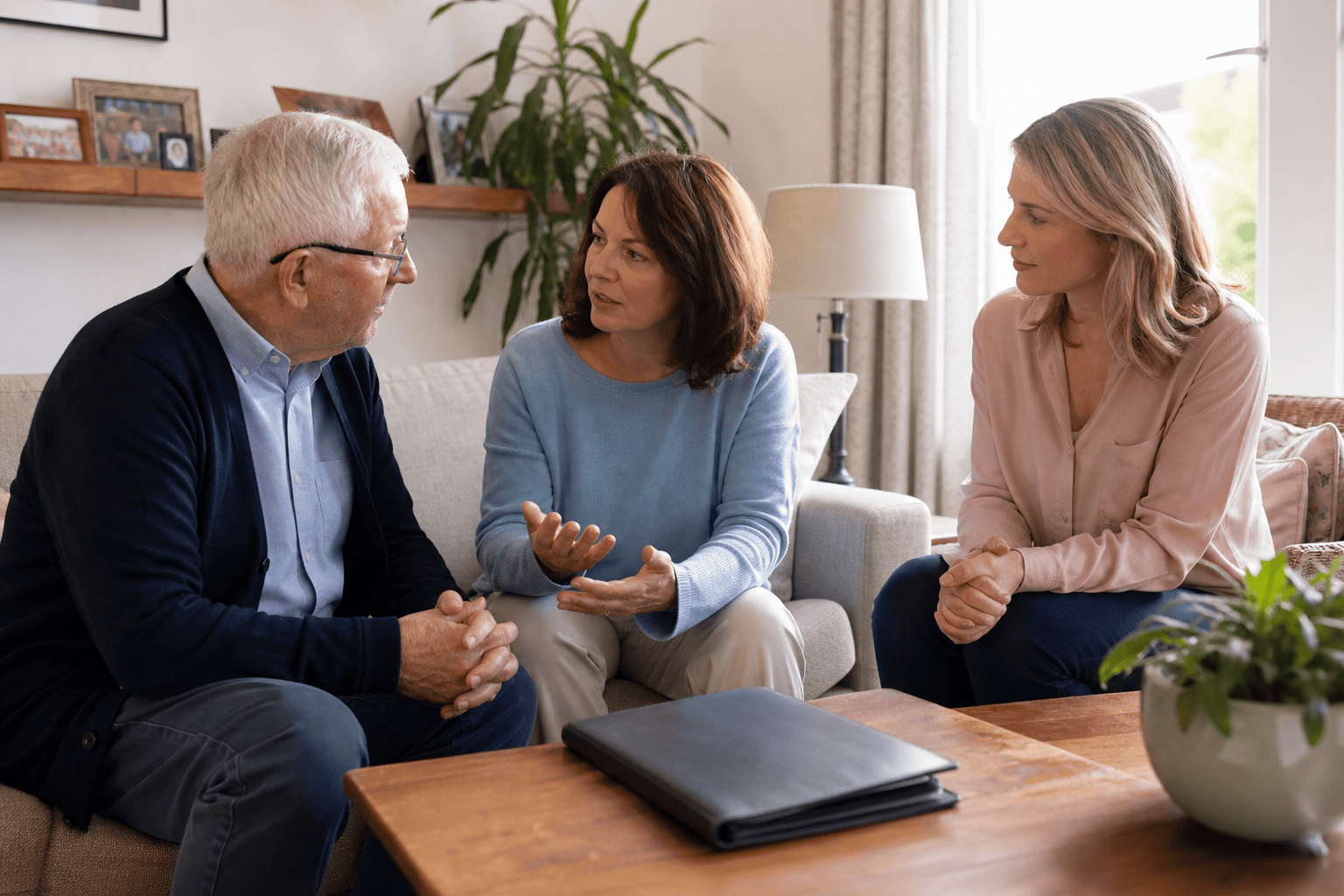 Angehörige sprechen mit einem älteren Familienmitglied über Vorsorge