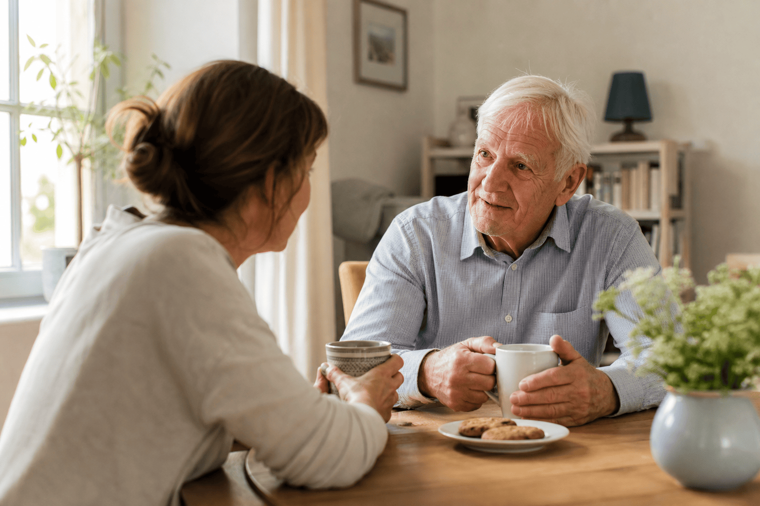 Angehörige und älterer Mann besprechen Unterstützung im Alltag zu Hause.