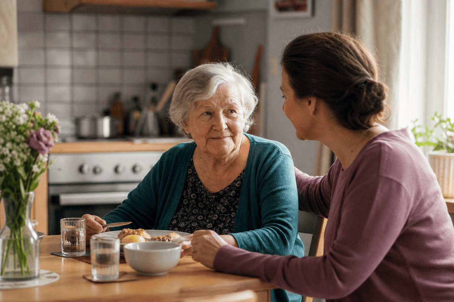 Ältere Person mit Demenz wird bei einer ruhigen Mahlzeit von einem Angehörigen begleitet.