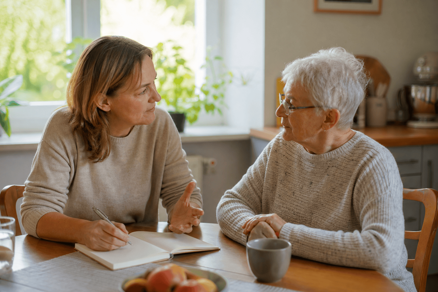 Angehörige und ältere Person besprechen passende Unterstützung zu Hause