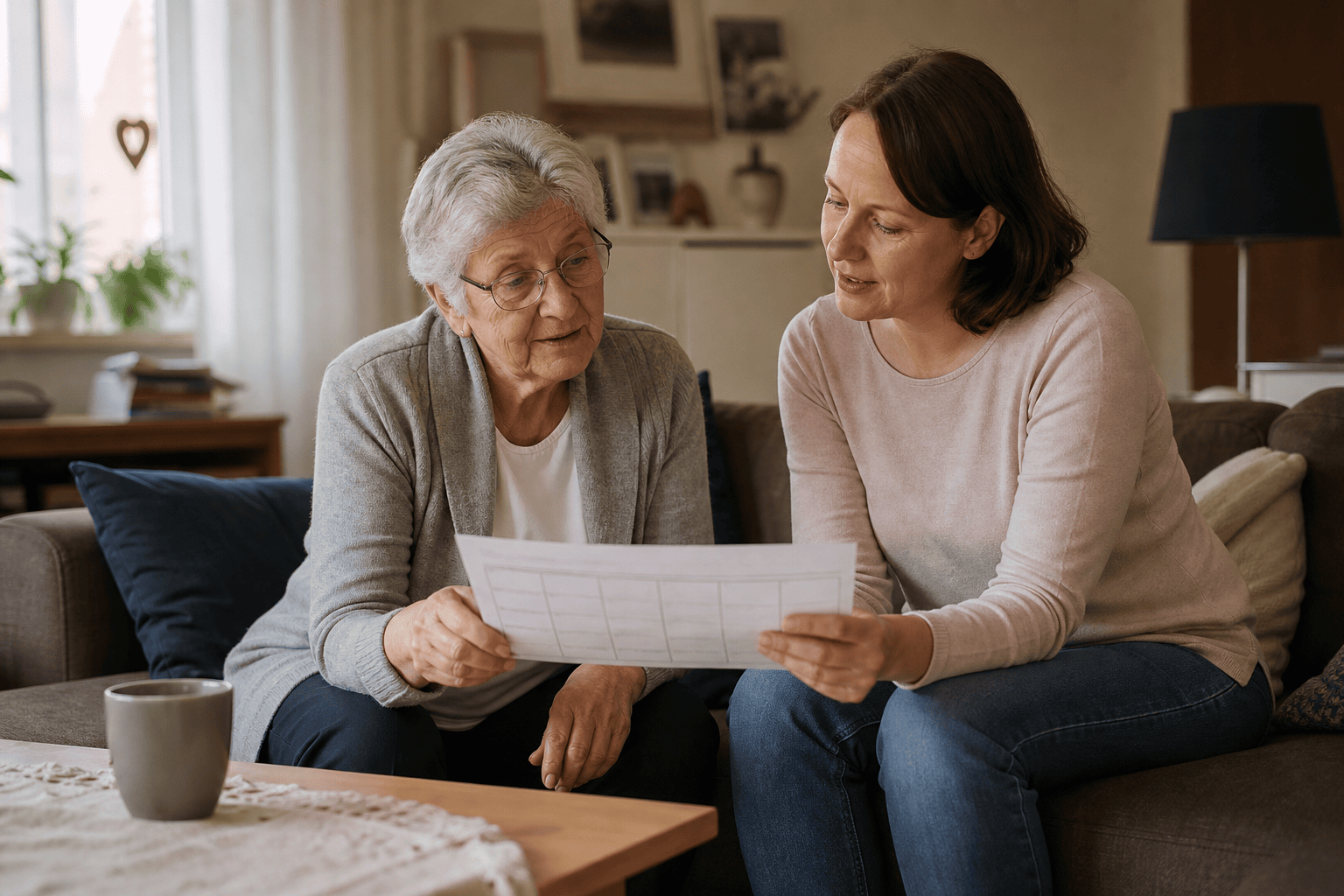 Ältere Person und Angehörige besprechen einen Tagesplan