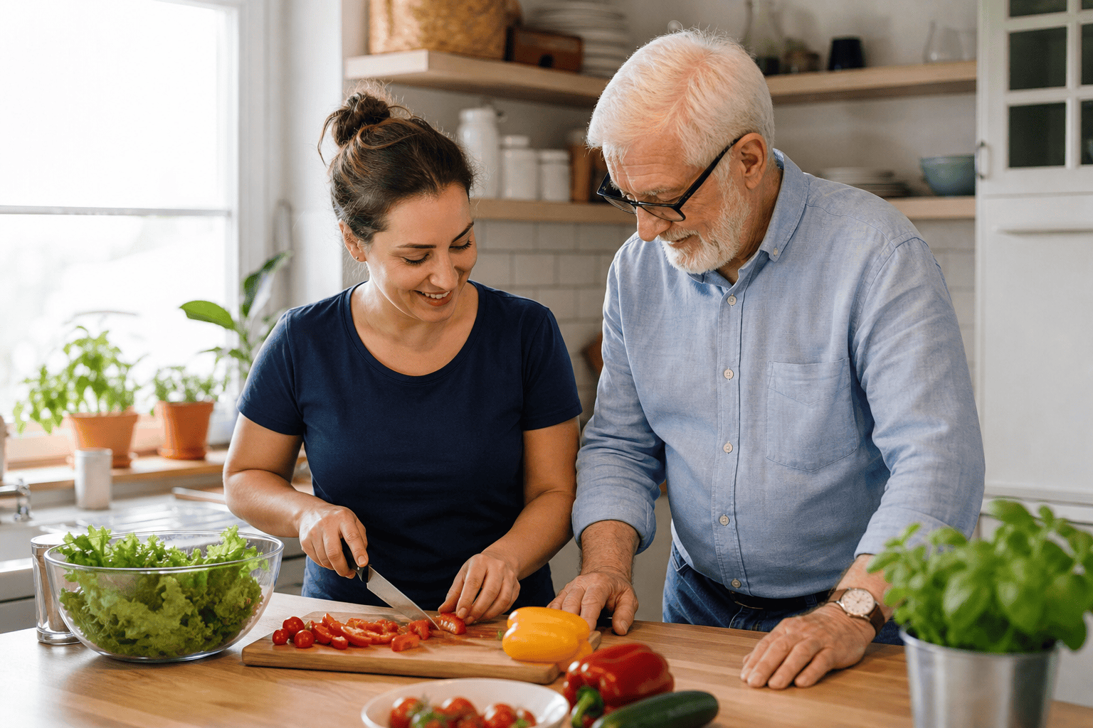 Betreuungskraft unterstützt einen älteren Mann bei der Vorbereitung einer Mahlzeit.