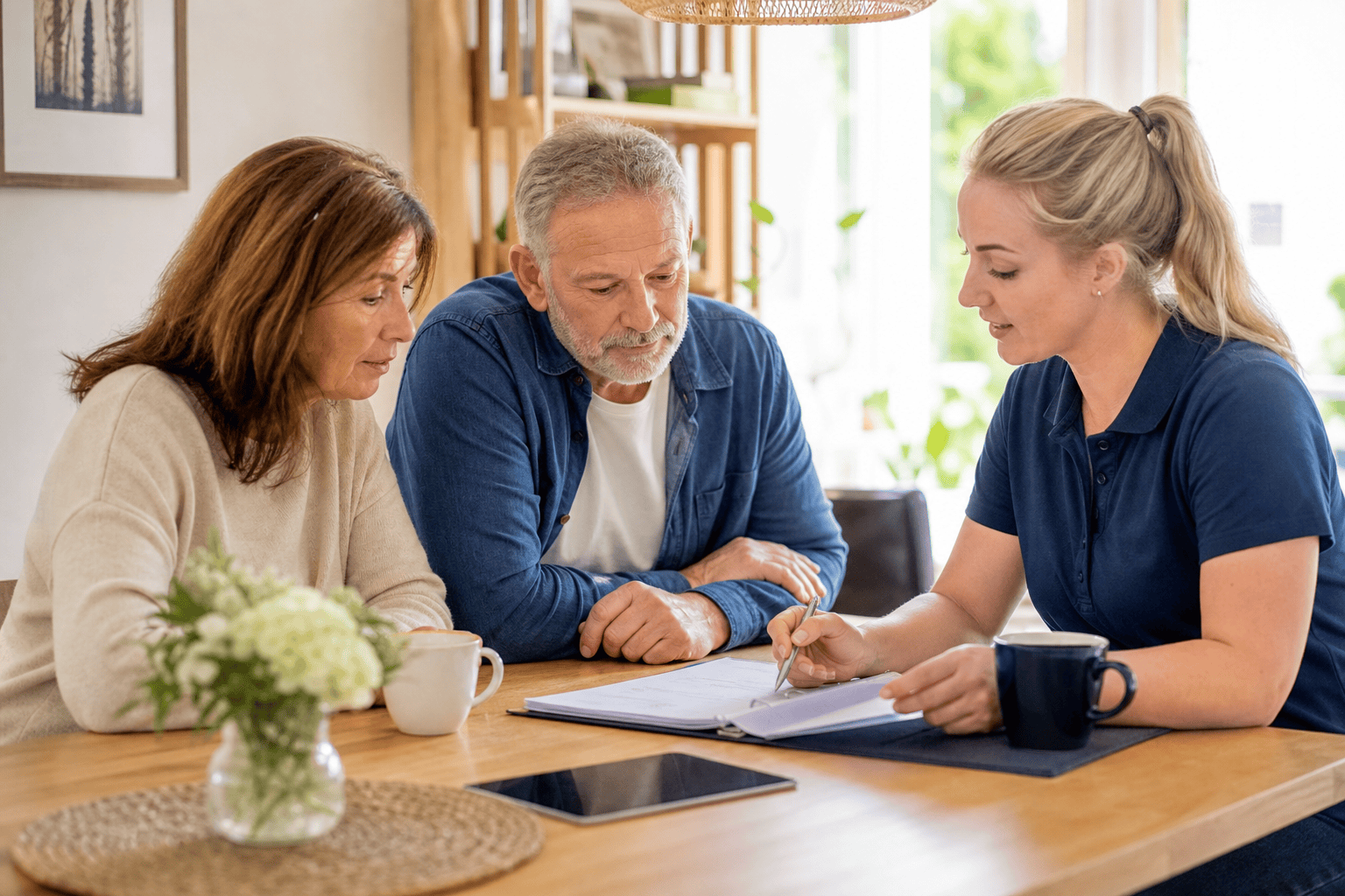 Angehörige und Pflegefachperson besprechen einen Versorgungsplan