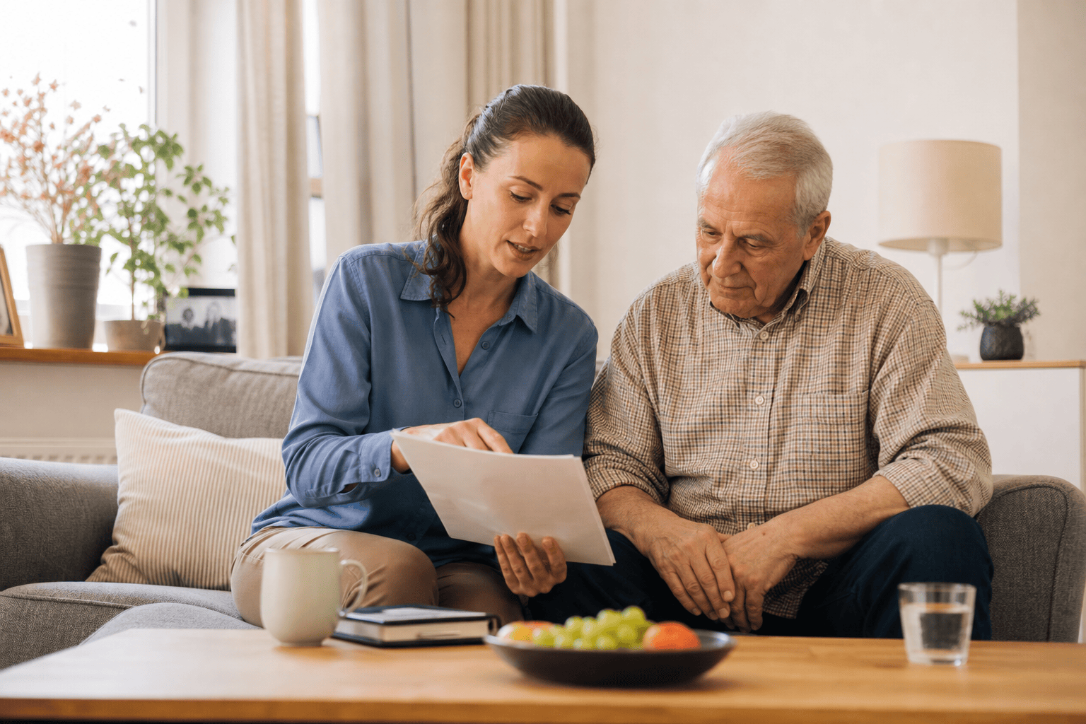 Angehörige bespricht mit ihrem Vater Unterlagen zu Pflegekosten.