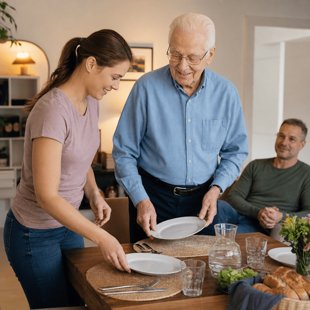 Senior und Betreuungskraft gestalten gemeinsam den Alltag zu Hause