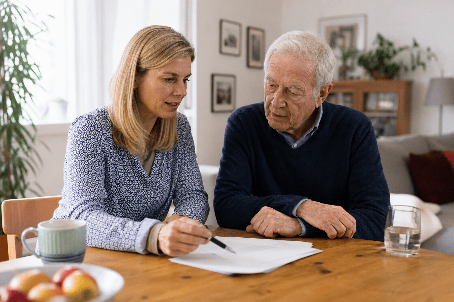 Angehörige und Senior ordnen Leistungen von Pflegekasse und Krankenkasse