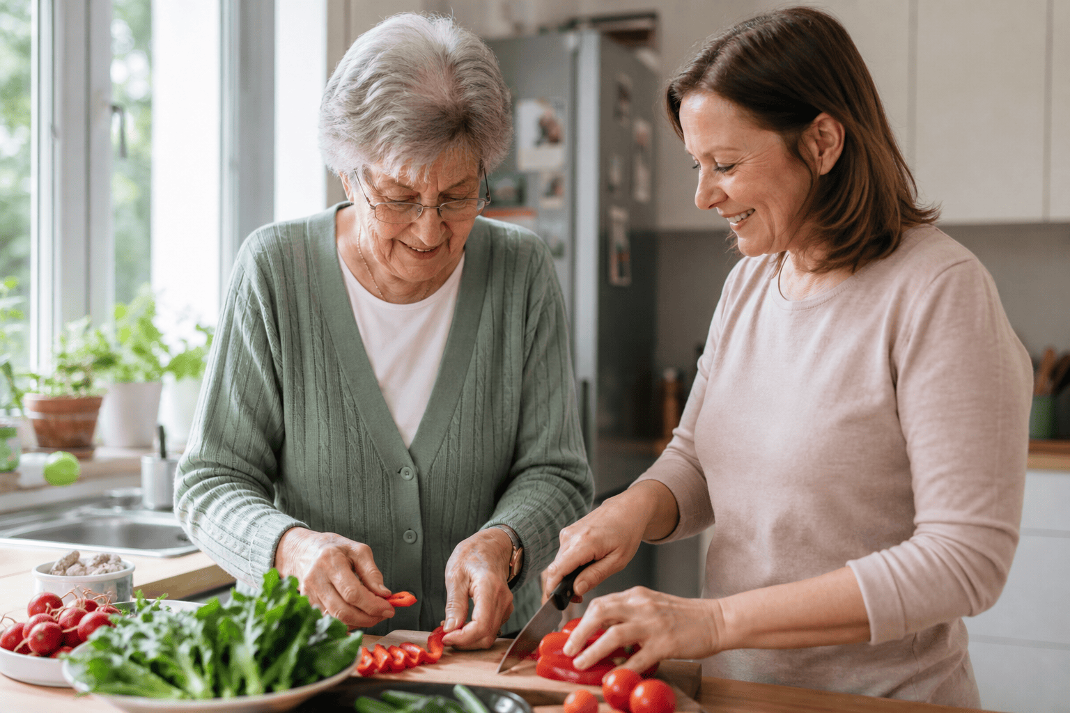 Ältere Frau und Angehörige organisieren gemeinsam den Alltag zu Hause