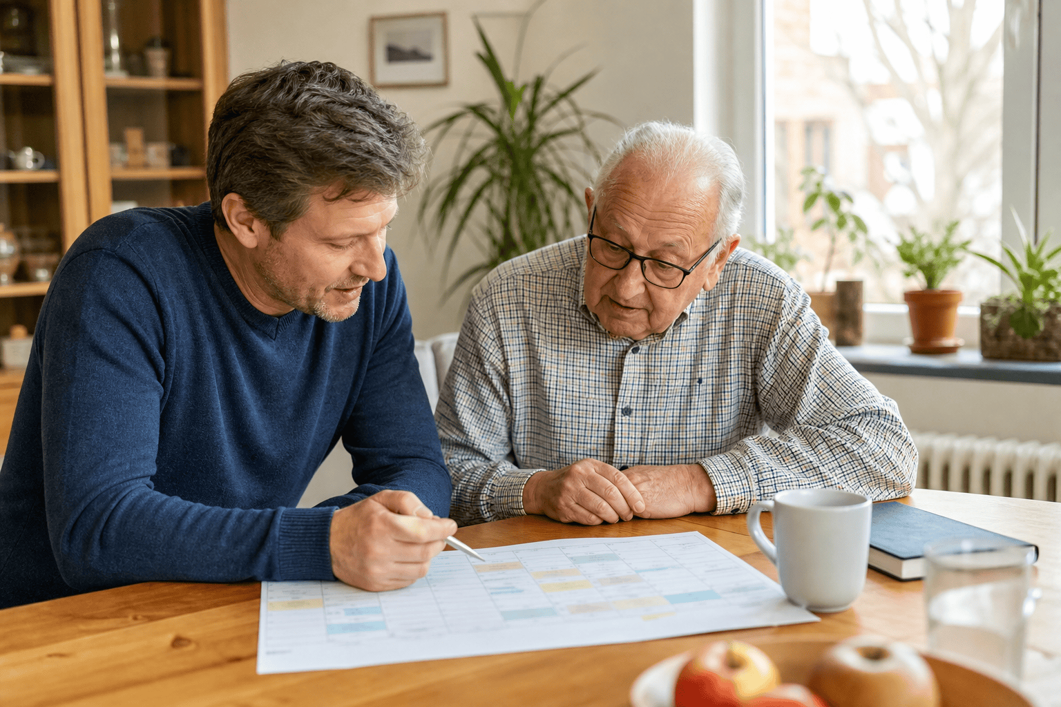 Angehörige und älterer Mann besprechen einen Wochenplan für die Pflege zu Hause