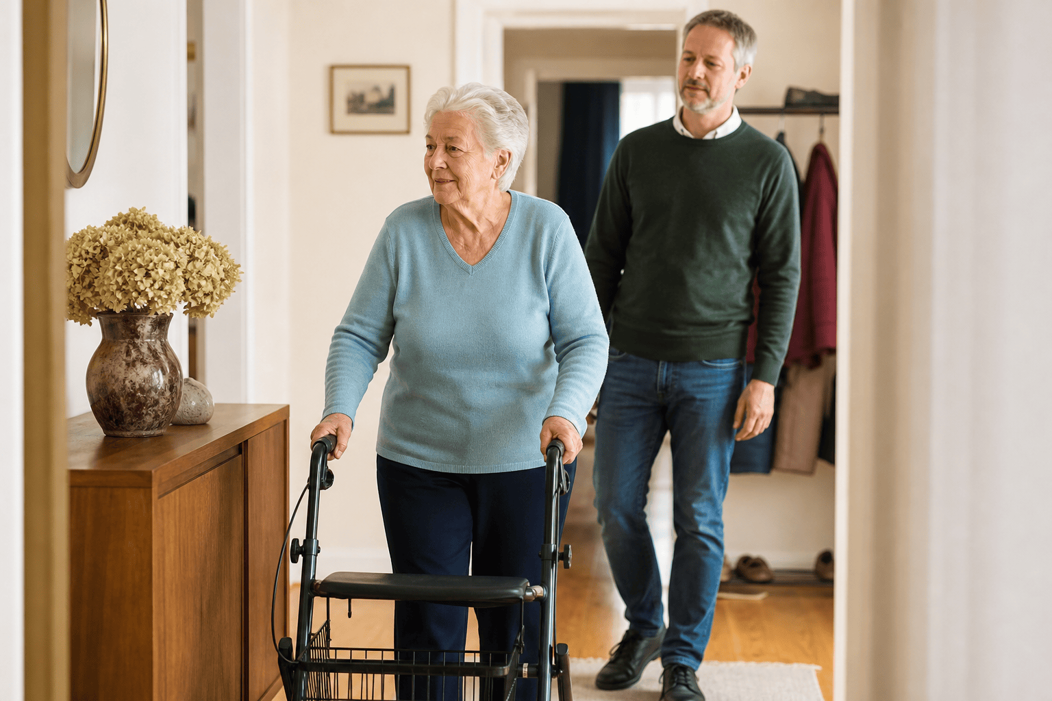 Ältere Person mit Rollator wird im Wohnbereich von einem Angehörigen begleitet