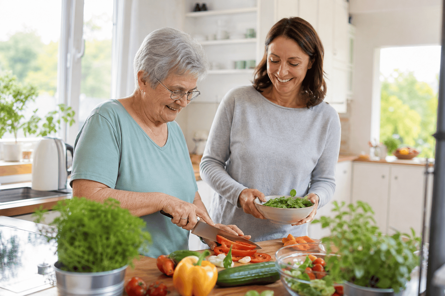 Ältere Person und Angehöriger bereiten gemeinsam eine Mahlzeit zu Hause vor.