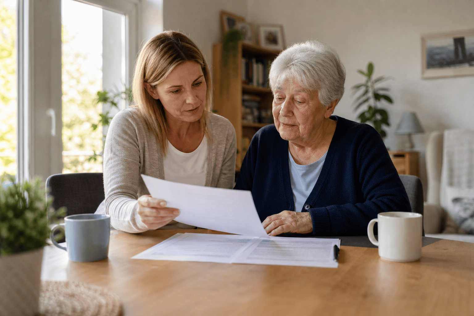 Angehörige und ältere Person besprechen Unterlagen für ein Pflegebett