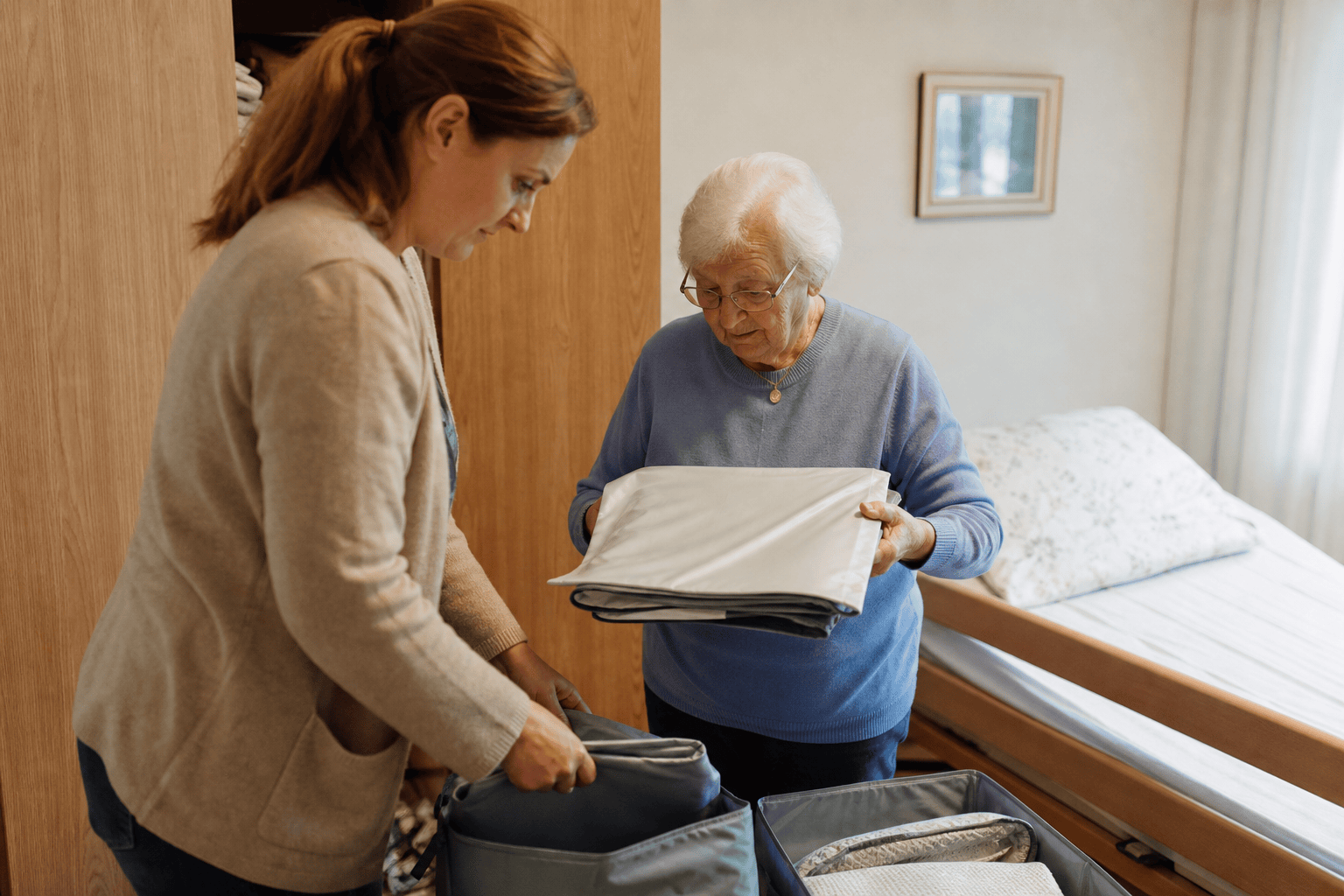 Angehörige ordnen Zubehör eines Pflegebetts für die Rückgabe