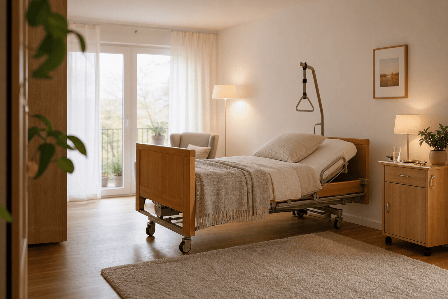 Neutrales Pflegebett mit Bewegungsfläche in einem Schlafzimmer