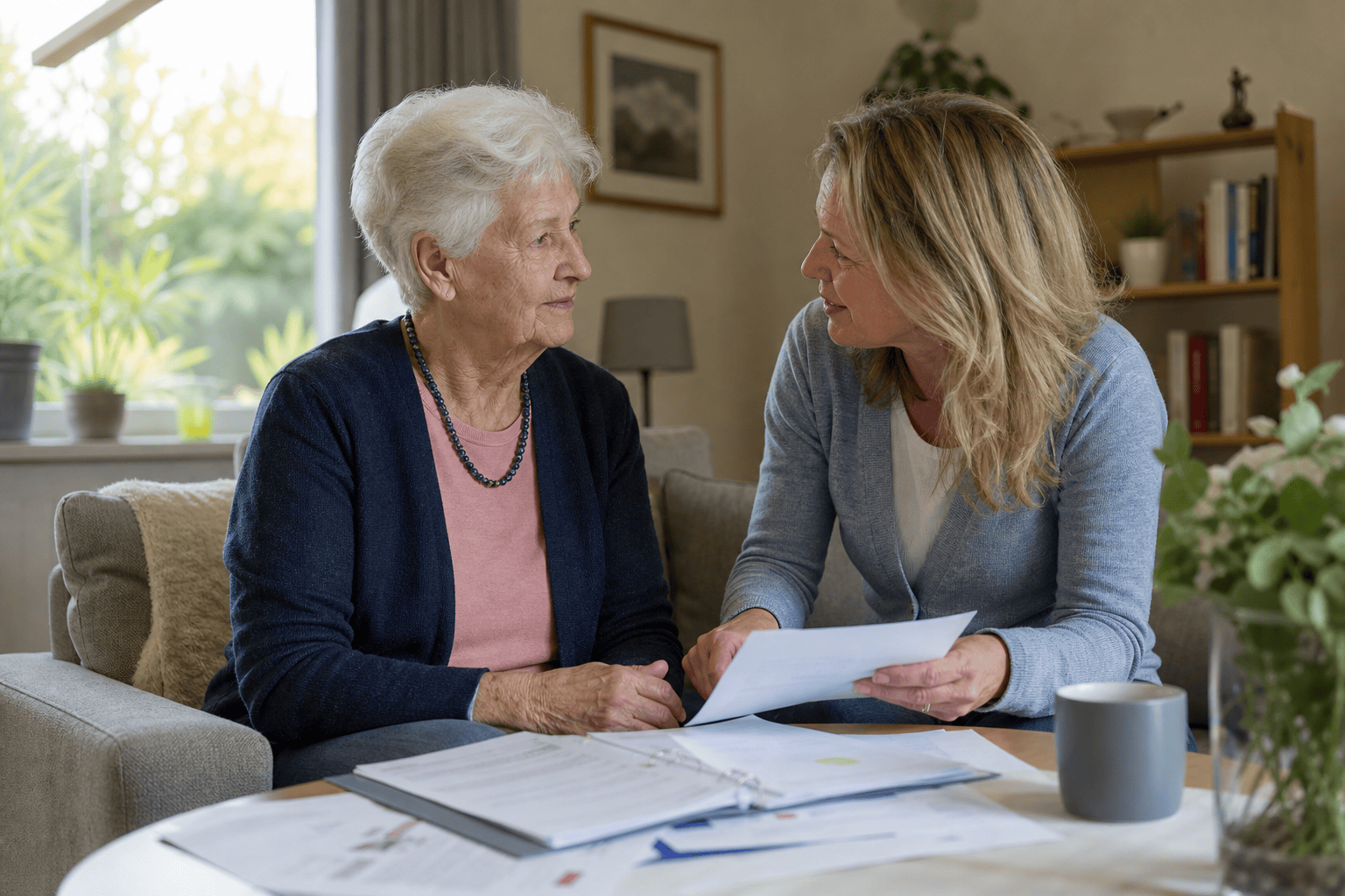 Ältere Person und Angehörige besprechen die nächsten Schritte zu Hause.