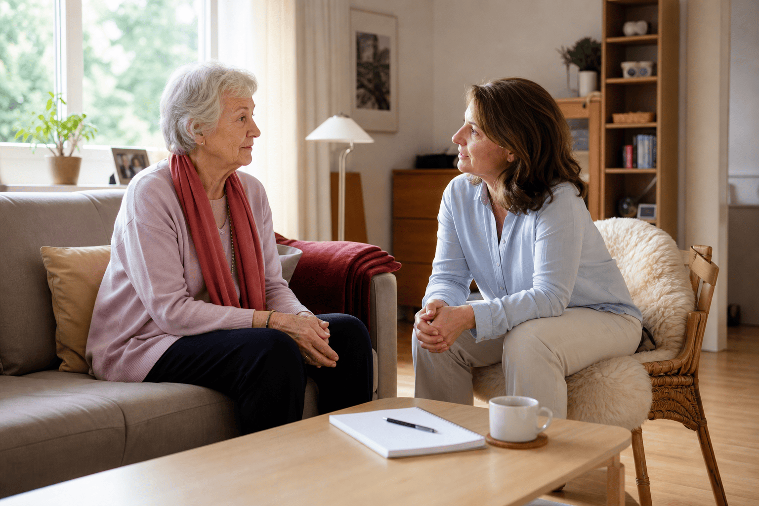 Ältere Person und Angehöriger sprechen über Unterstützung im Alltag
