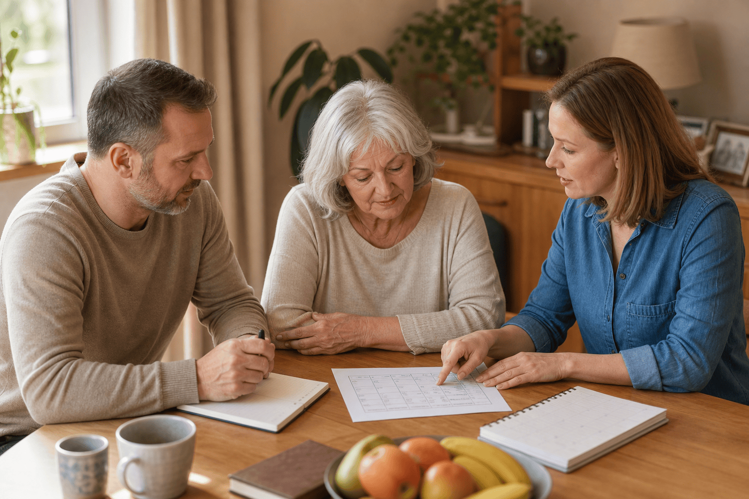 Familie bespricht die passende Pflegeform anhand einer Aufgabenliste.