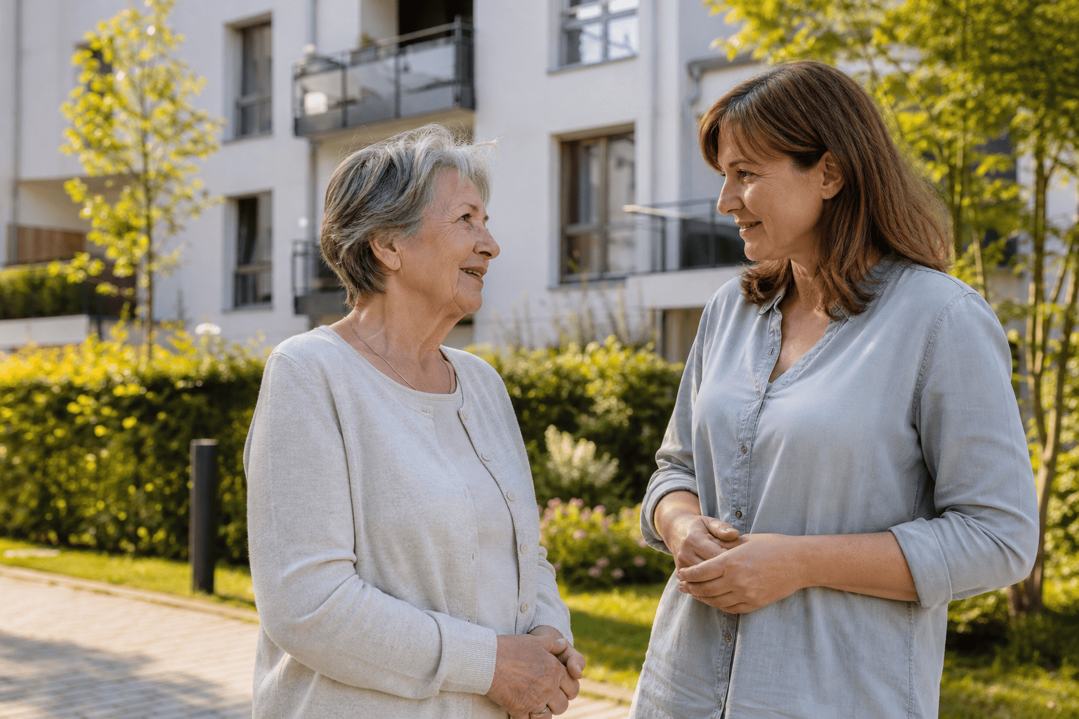 Ältere Frau und Angehörige sprechen über betreutes Wohnen und Wohnformen.