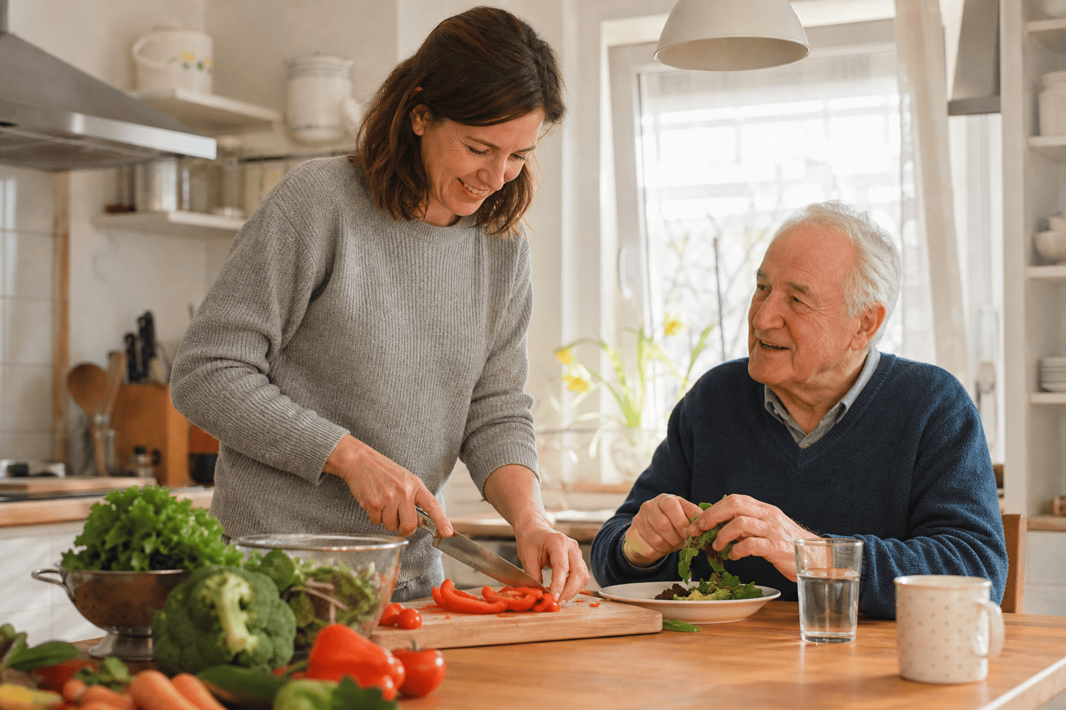 Angehörige unterstützt älteren Menschen im Alltag zu Hause
