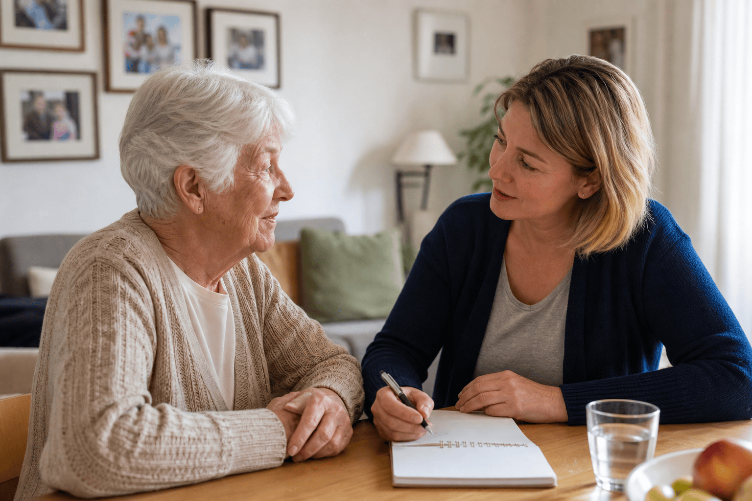 Ältere Person und Angehörige besprechen den Unterstützungsbedarf im Alltag.