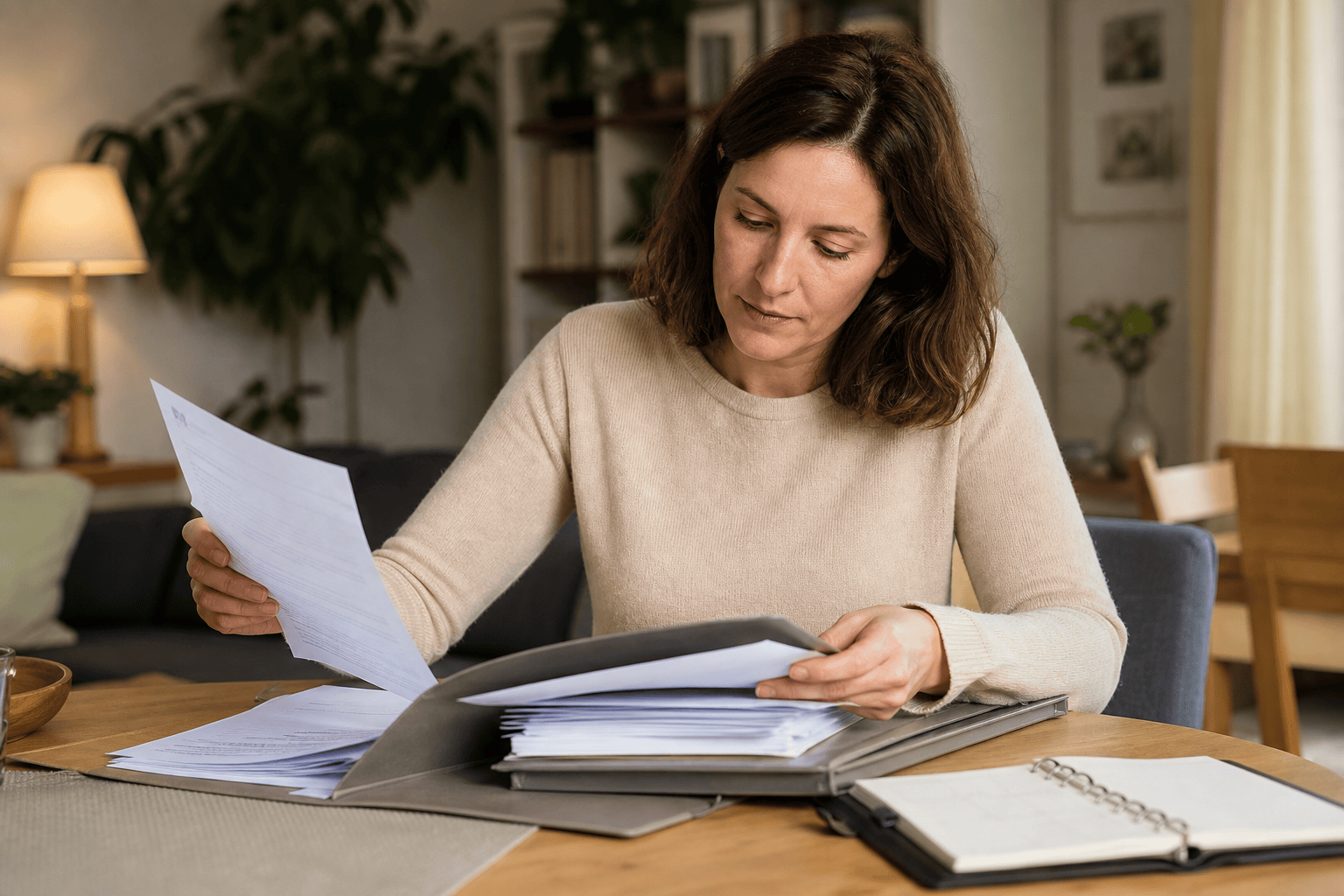 Angehörige ordnet Bescheide und Unterlagen für die Pflegekasse.