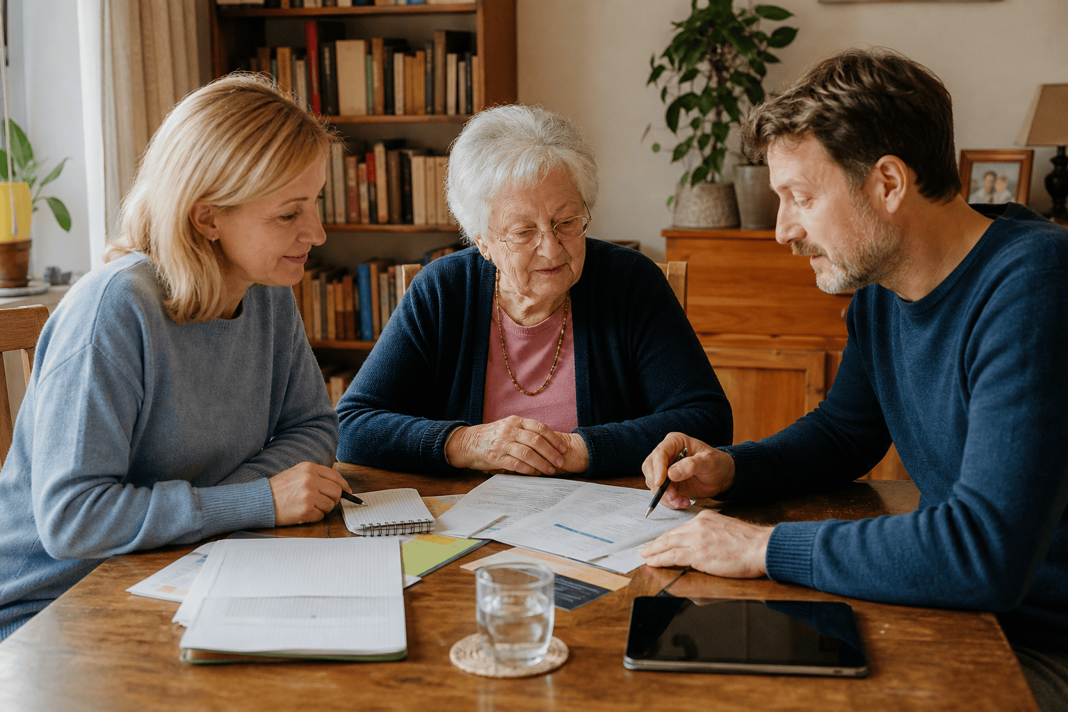 Ältere Person und Angehörige planen gemeinsam die Unterstützung zu Hause.