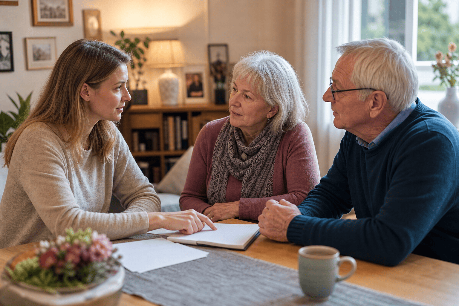 Angehörige und älteres Paar besprechen die Organisation der Betreuung zu Hause