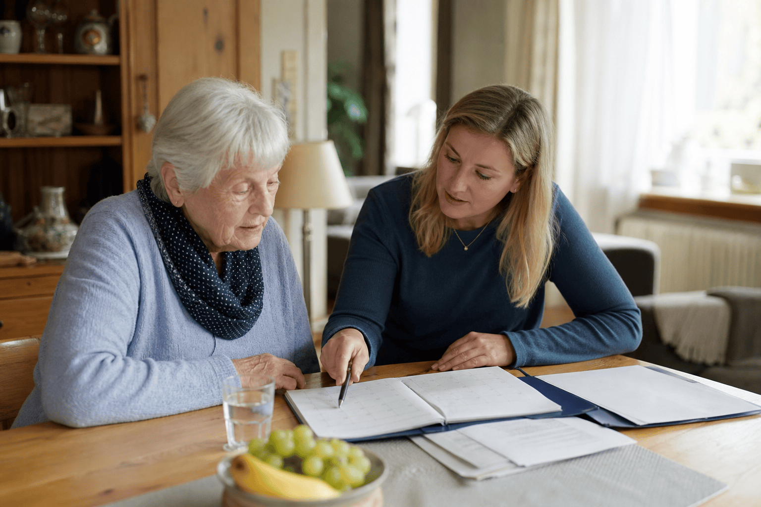 Angehörige und ältere Person besprechen Pflegegrad und Unterstützung zu Hause