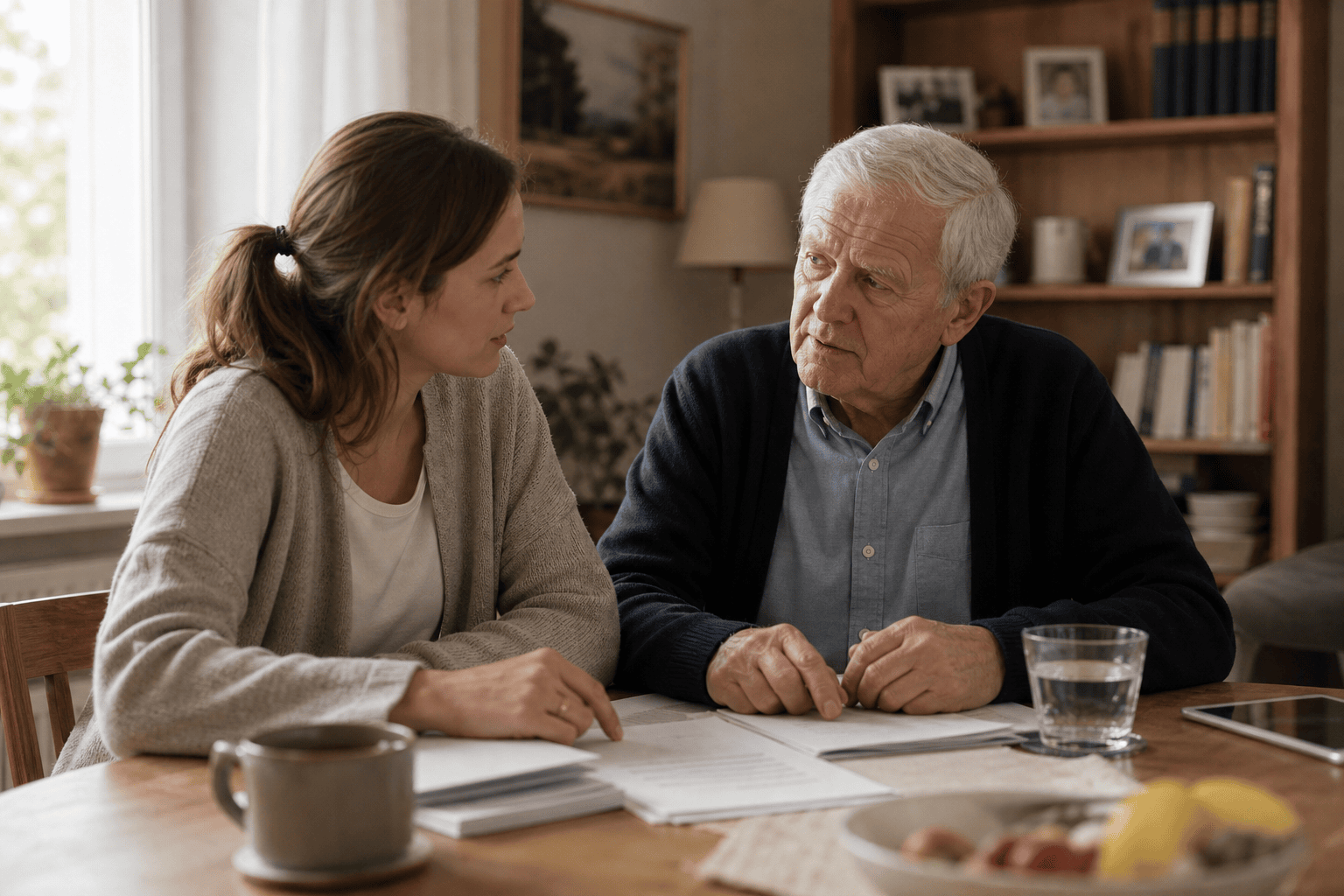 Älterer Vater und erwachsene Tochter besprechen die häusliche Pflegeunterstützung.