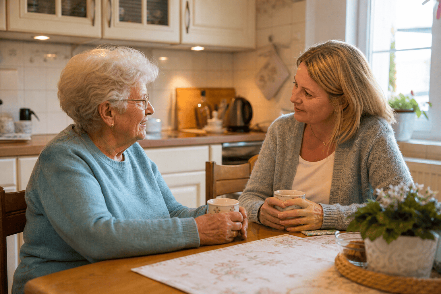 Ältere Person und Angehörige besprechen in der Küche gemeinsam die nächsten Schritte.