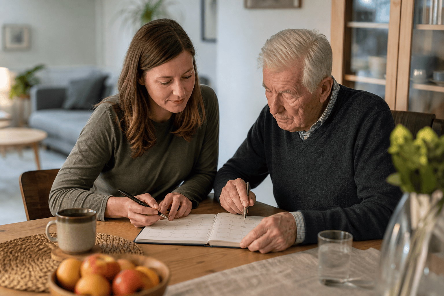 Angehörige und älterer Mann bereiten Beispiele für die Pflegebegutachtung vor.