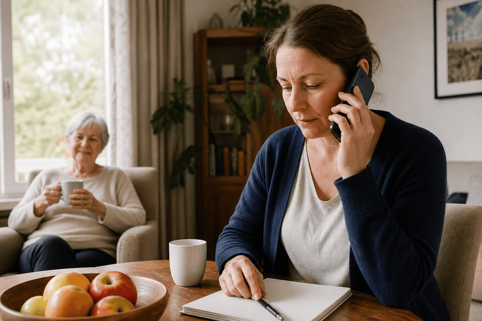 Angehörige organisiert telefonisch Unterstützung für ihre ältere Mutter zu Hause