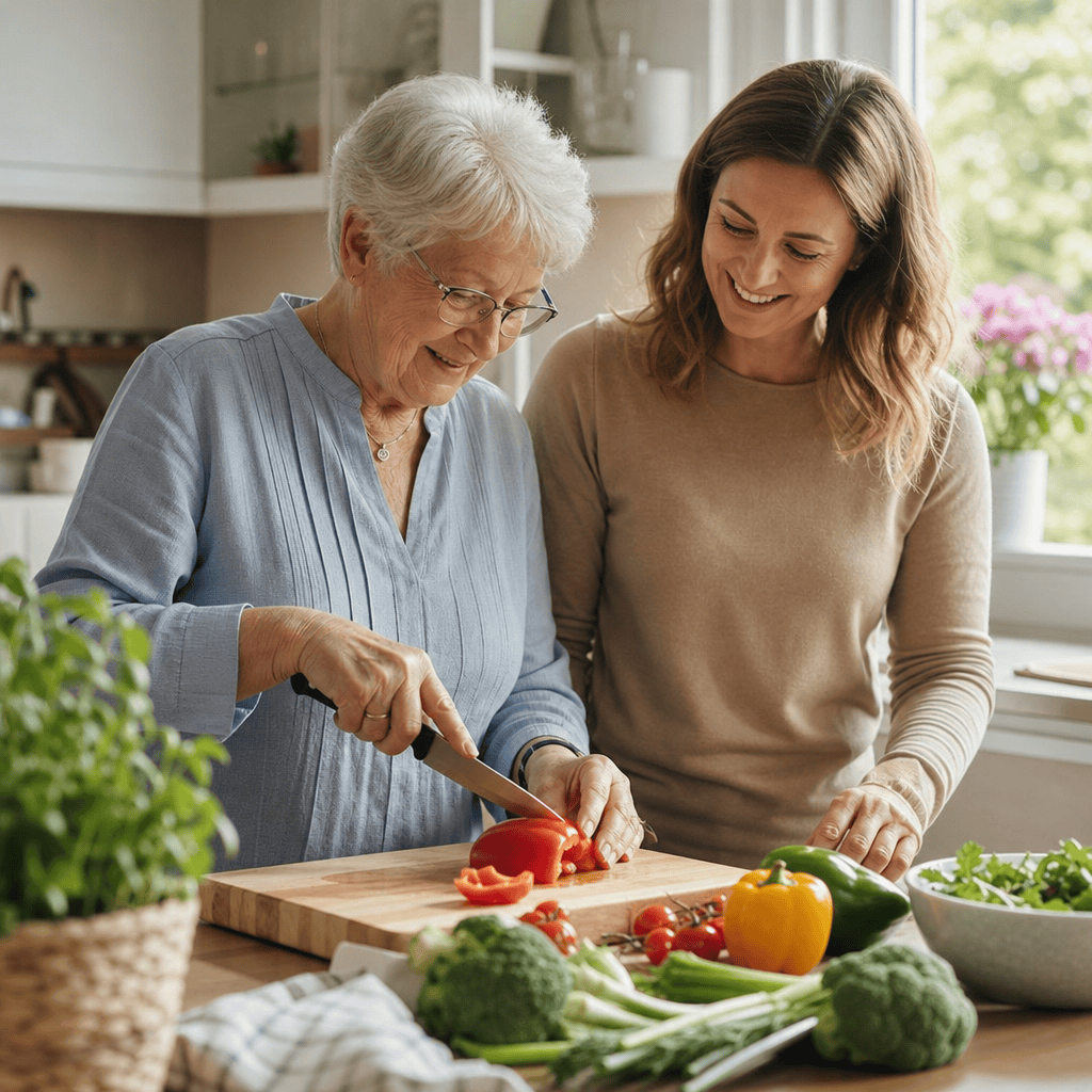 Ältere Person und Angehöriger bereiten gemeinsam eine Mahlzeit zu.