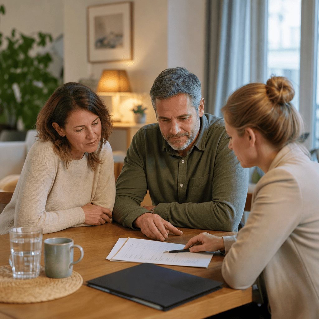 Familie bespricht eine Checkliste zur Organisation der häuslichen Unterstützung.
