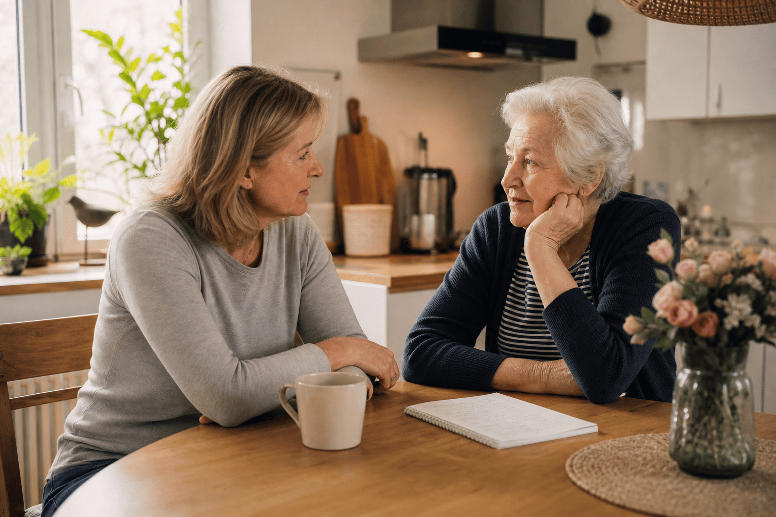 Angehörige und älterer Mensch besprechen gemeinsam die Tagesstruktur.