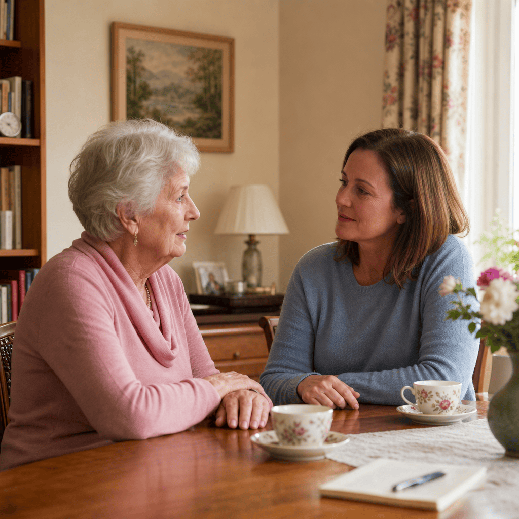 Ältere Frau und Angehörige sprechen über Unterstützung zu Hause