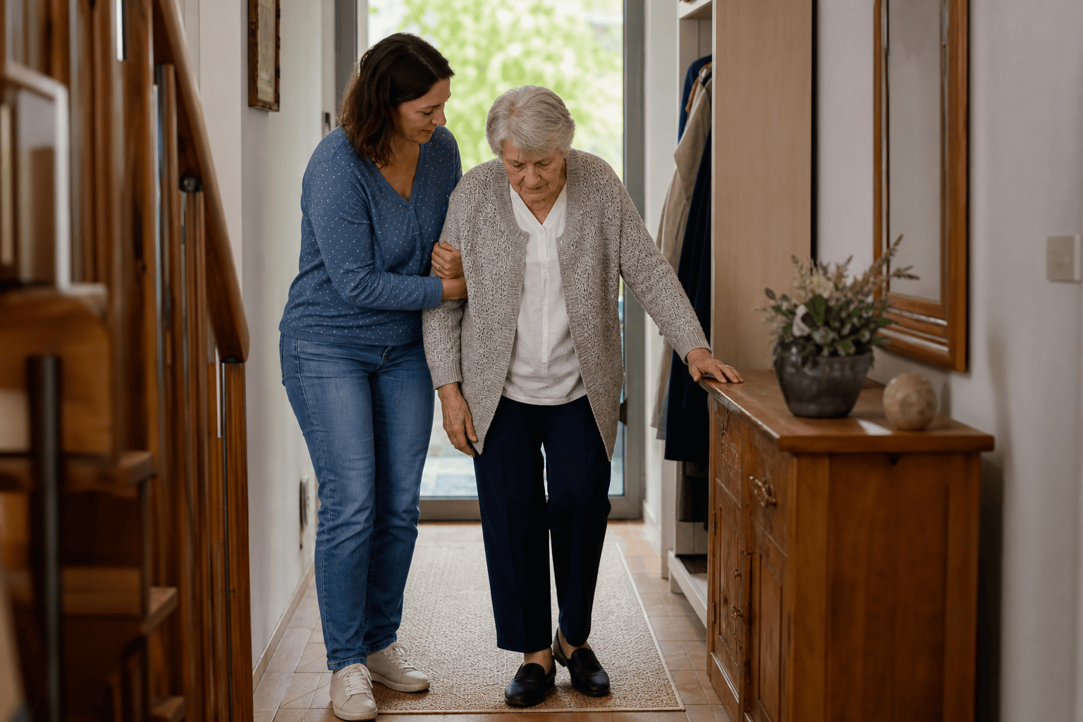 Angehörige begleitet eine ältere Person beim sicheren Aufstehen zu Hause.