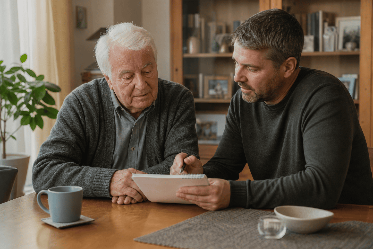 Älterer Mann und Angehörige ordnen Alltagssituationen für die Pflegegrad-Begutachtung ein.