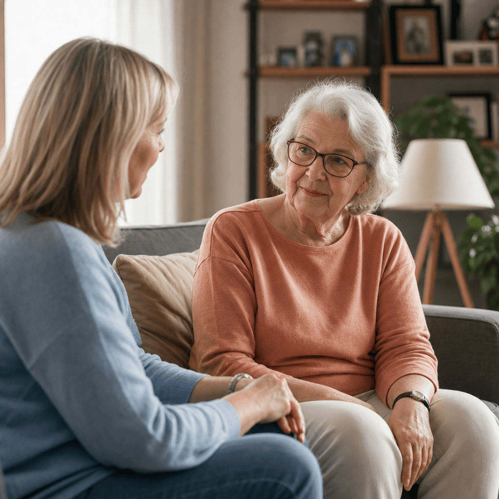 Ältere Person und Angehörige sprechen über Unterstützung im Alltag.