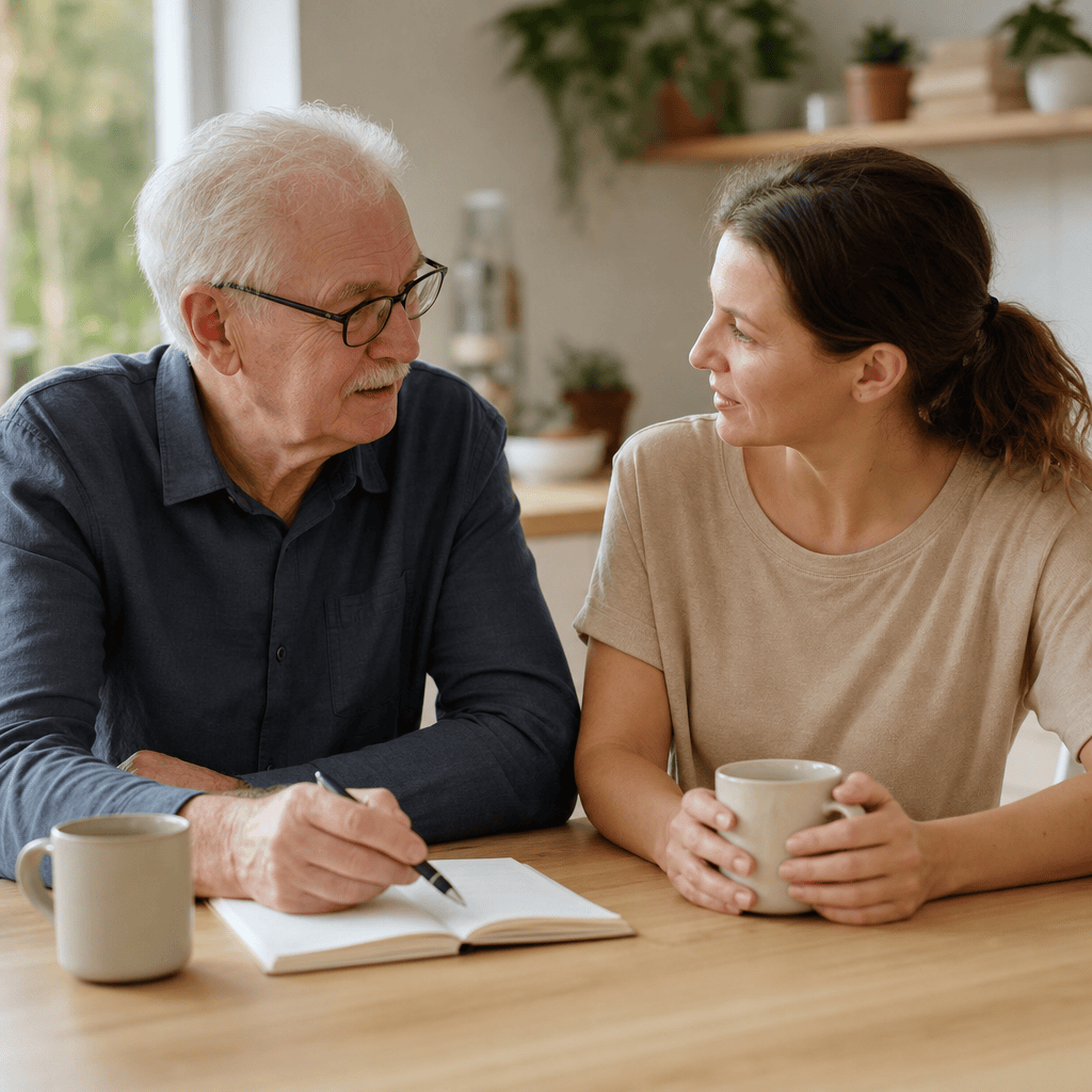 Älterer Mann und Angehörige planen Unterstützung im Alltag zu Hause