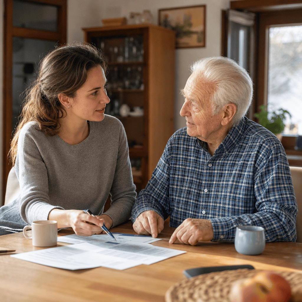 Angehörige und älterer Mann besprechen Unterstützung für den Alltag zu Hause