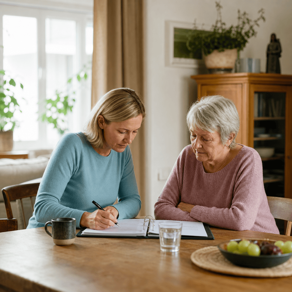 Angehörige dokumentiert den Kontakt zur Pflegekasse für den Pflegegrad-Antrag.