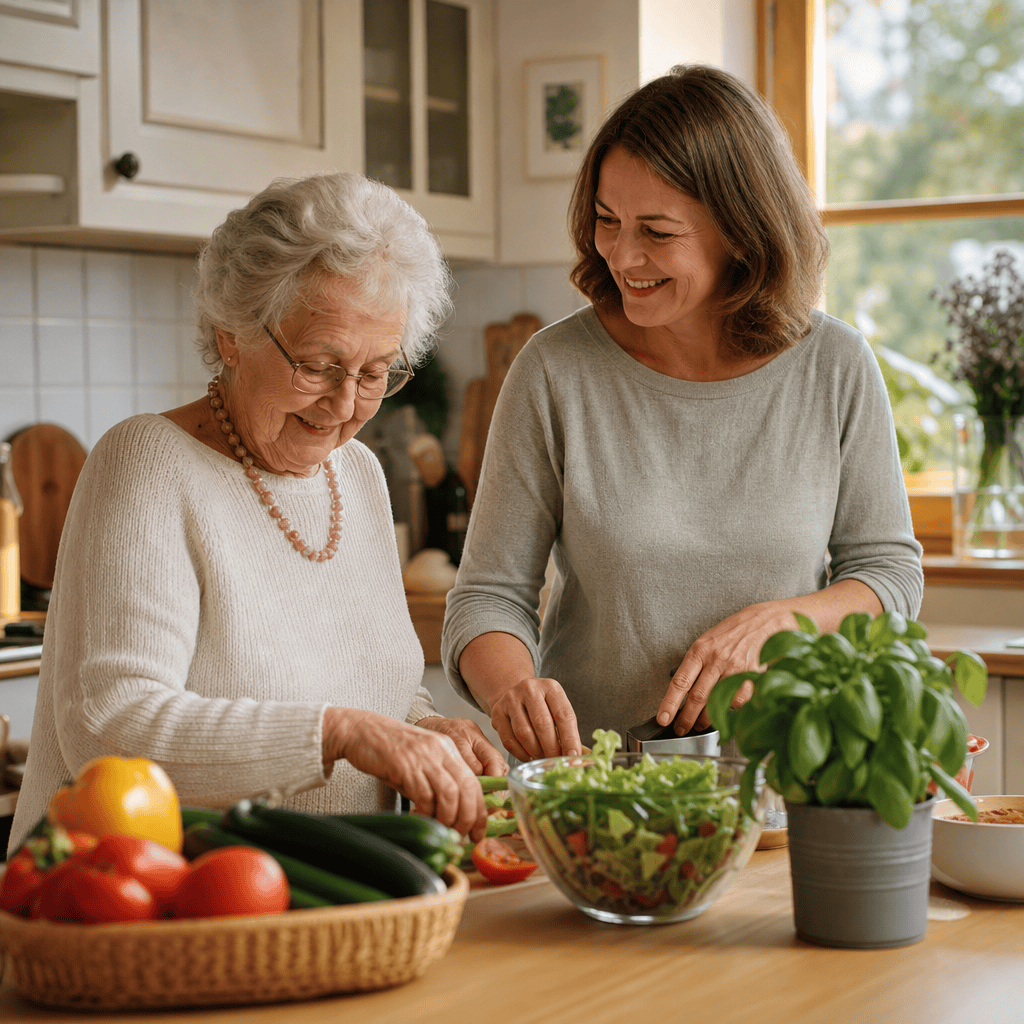 Ältere Person und Betreuungskraft bereiten gemeinsam eine Mahlzeit zu.