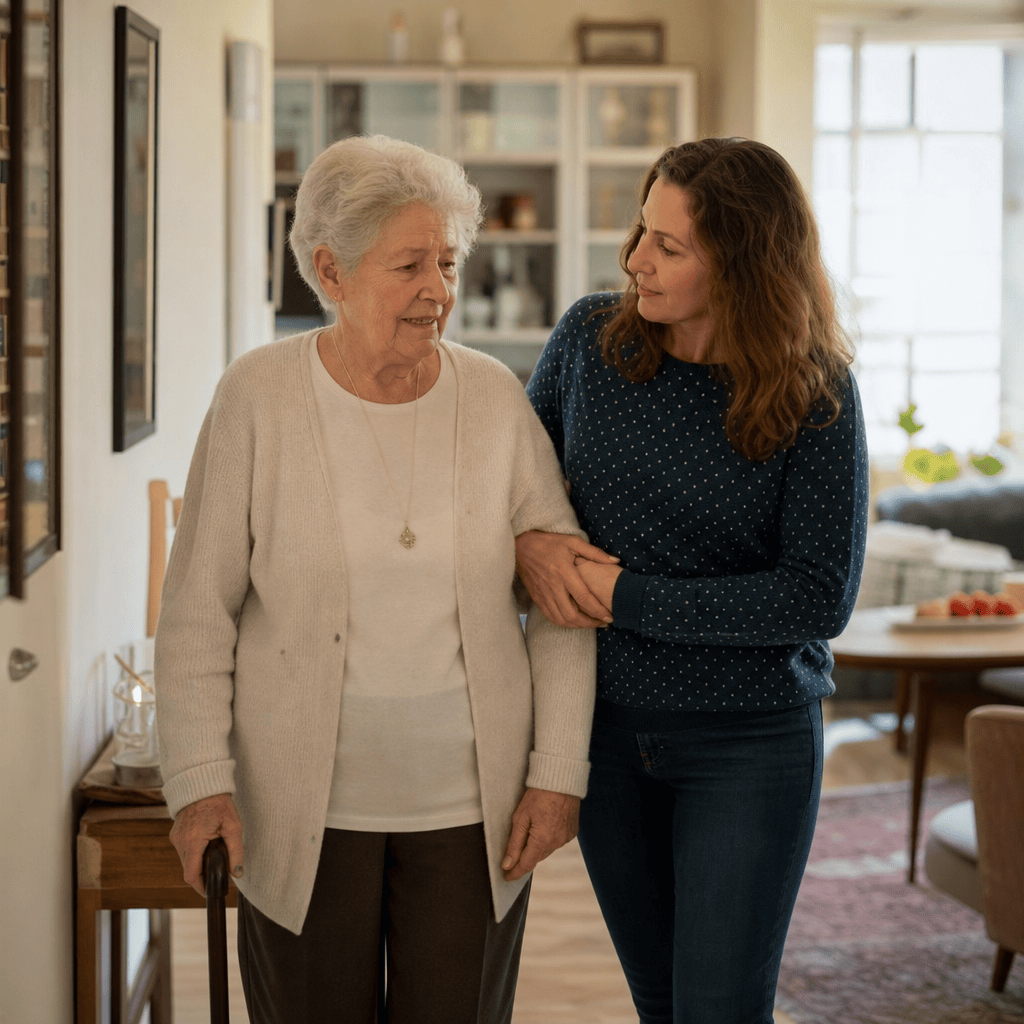 Ältere Person und Angehörige besprechen Unterstützung im Alltag zu Hause.
