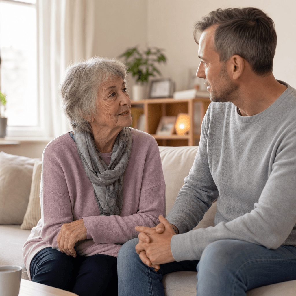 Ältere Frau und ihr erwachsener Sohn besprechen Unterstützung im Alltag zu Hause