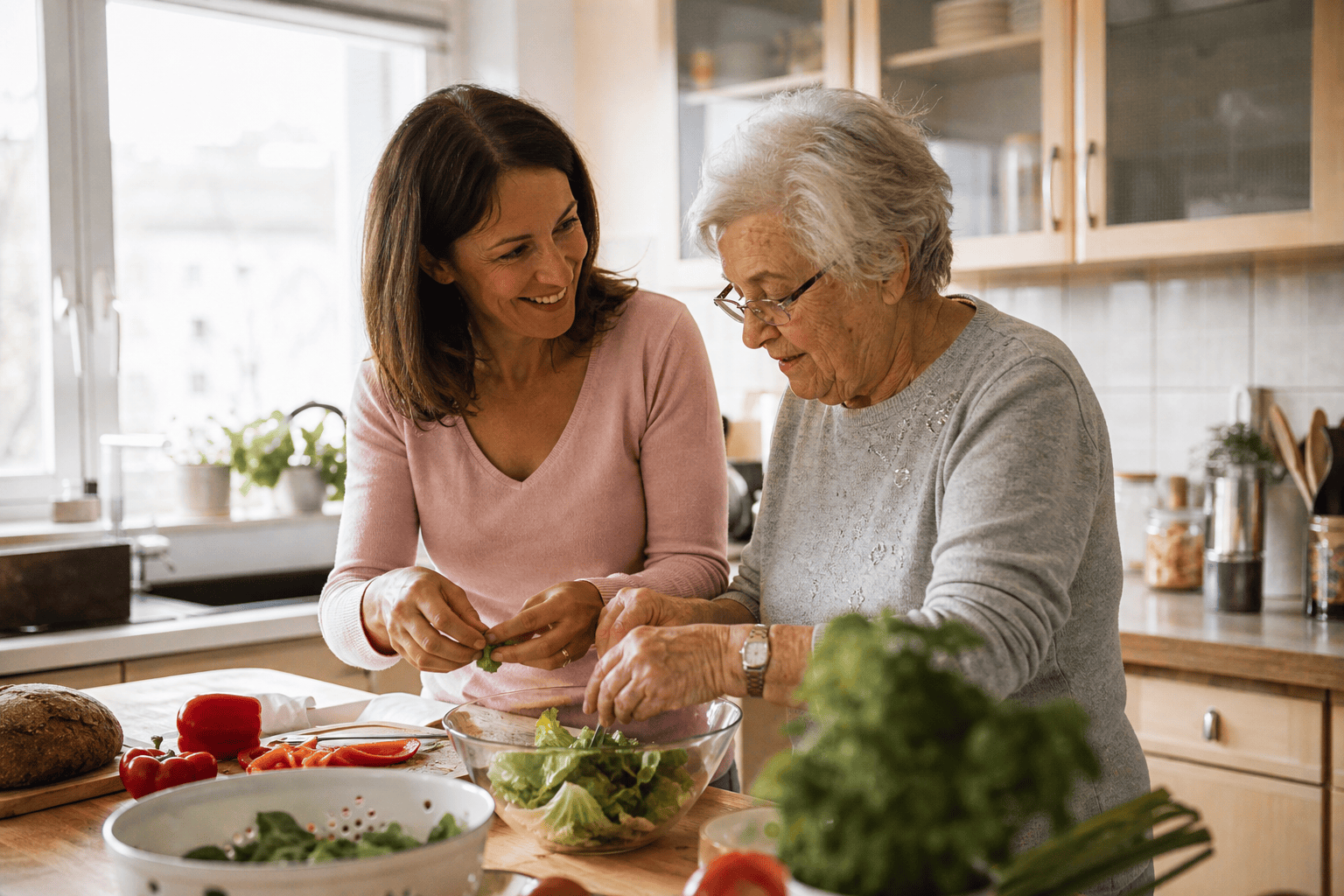 Ältere Person und Angehörige bereiten gemeinsam eine Mahlzeit zu Hause vor.
