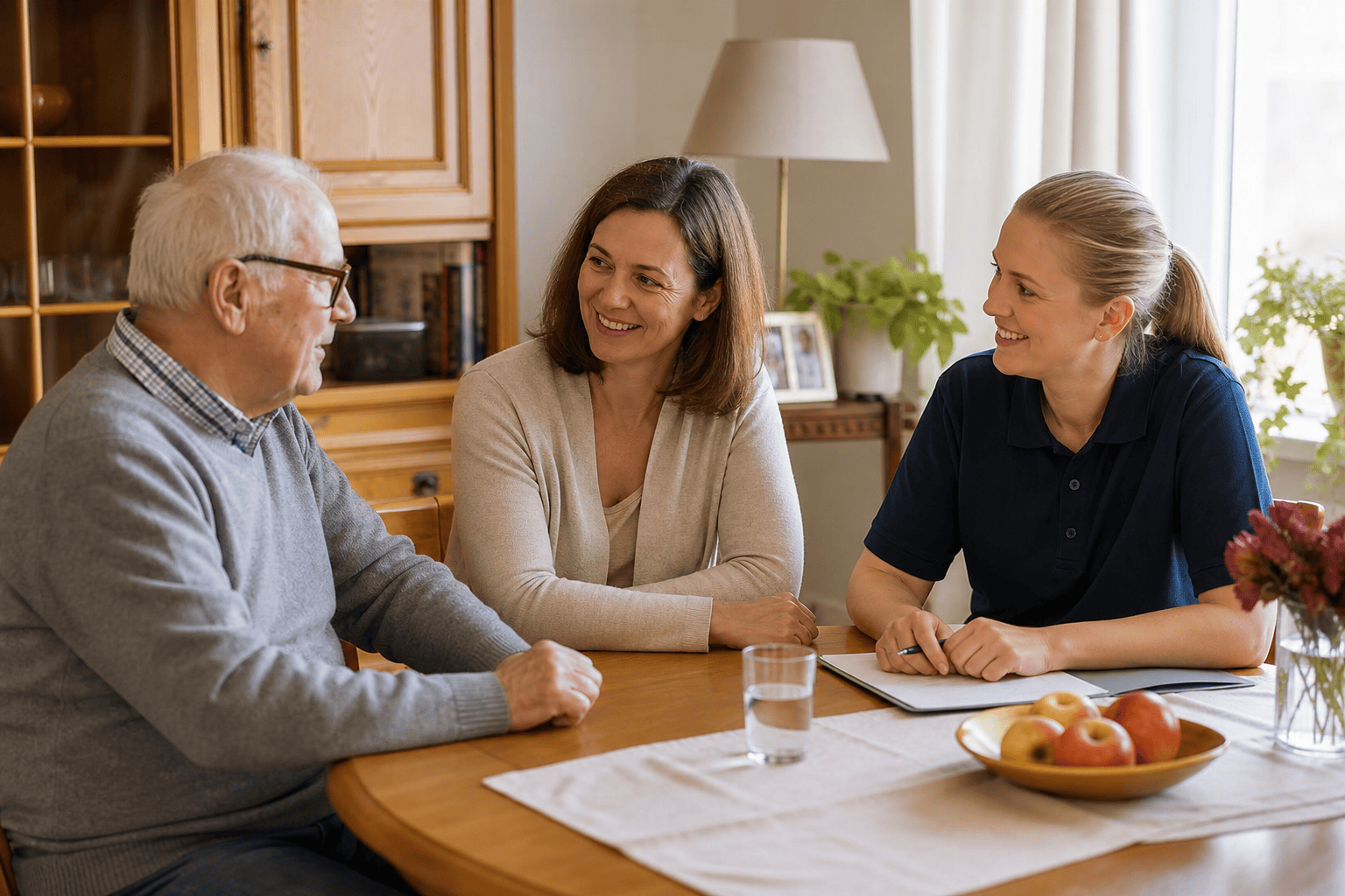Älterer Mann, Angehörige und Betreuungskraft besprechen Unterstützung zu Hause.