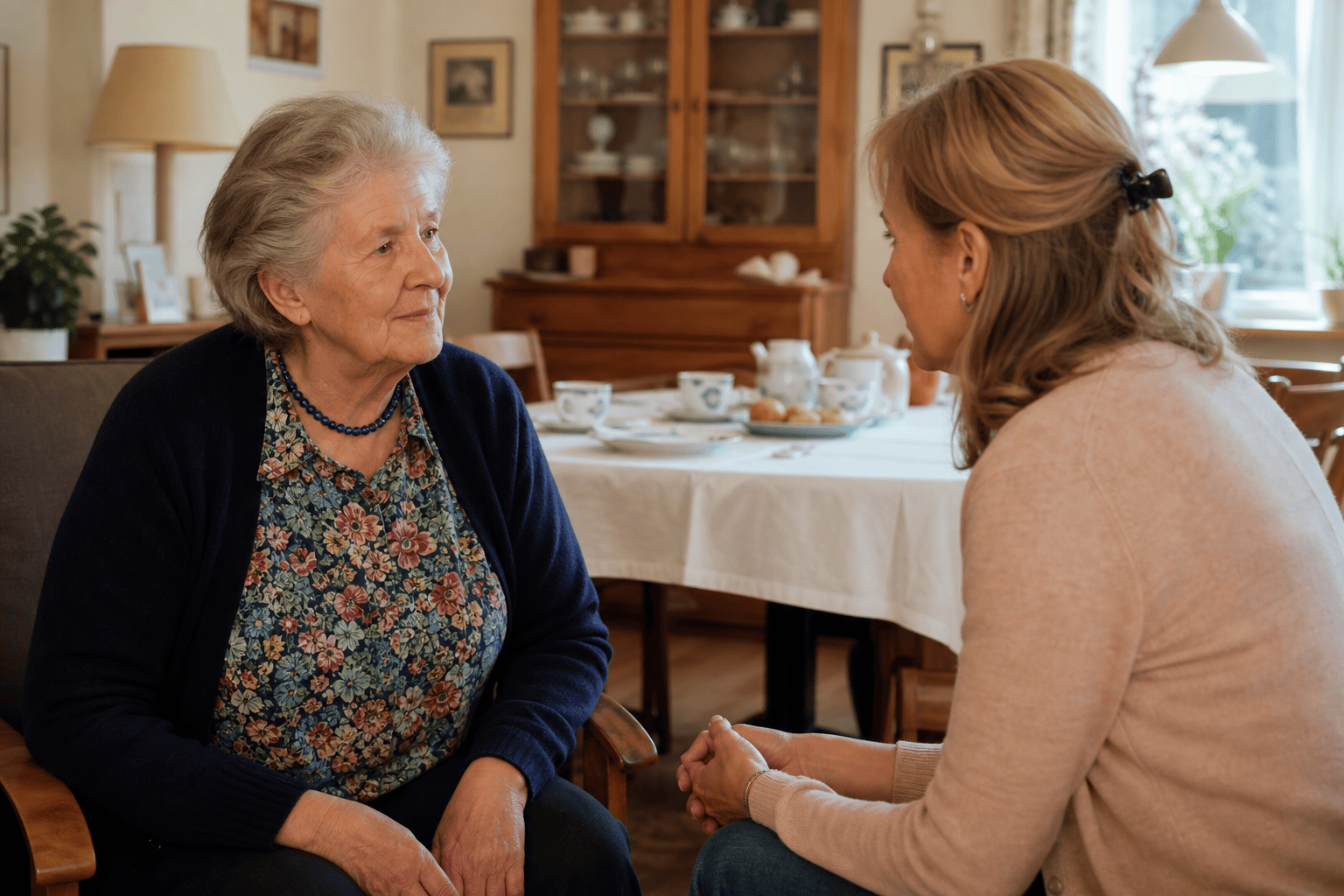Älterer Mensch und Angehörige besprechen Unterstützung zu Hause.